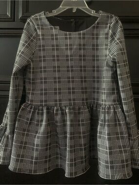 Girls Black & White Plaid Long-Sleeve Peplum Top